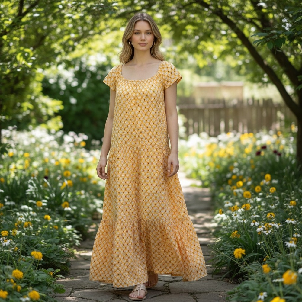 Knox Rose Maxi Dress Womens XL Yellow Geometric Rayon Tiered Flutter Sleeve Boho